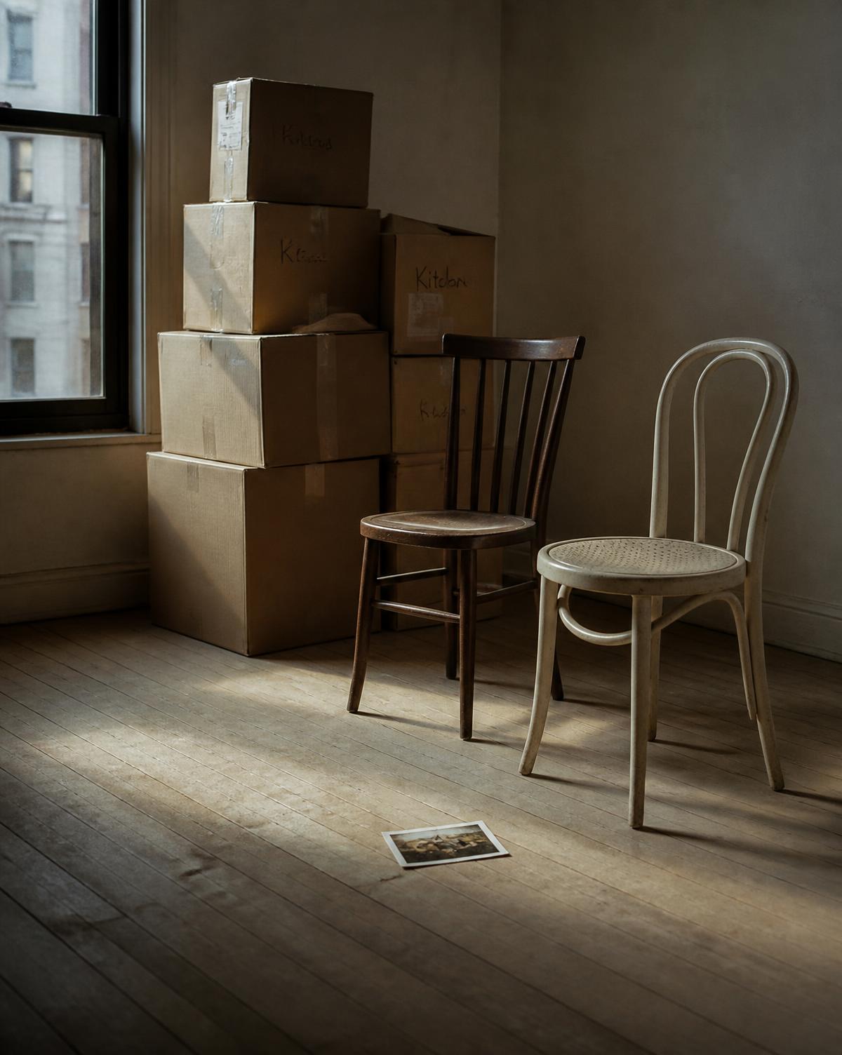 Moving boxes and two mismatched chairs in an empty apartment with a photograph on the floor