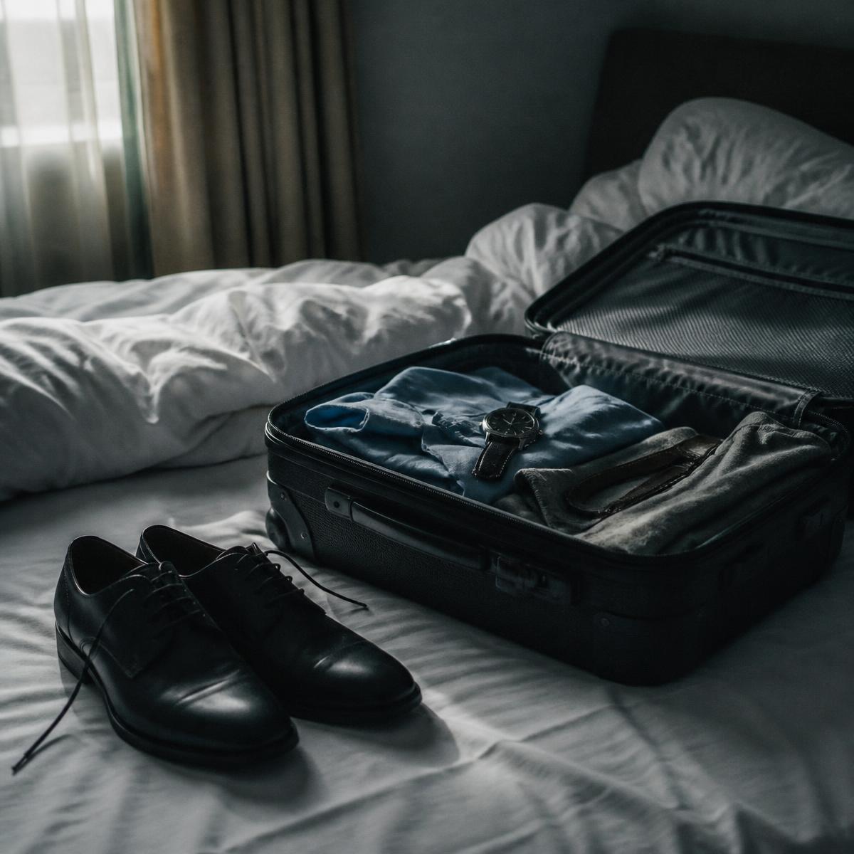 FOUR LOVE cover №046: A packed suitcase waiting by an apartment door