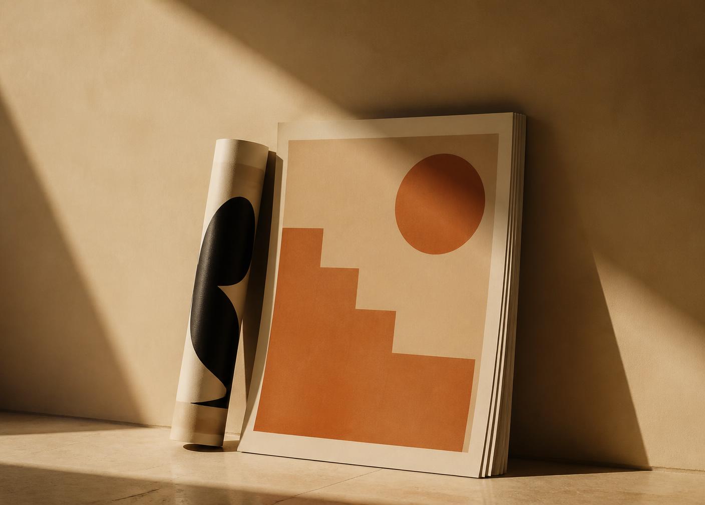 Rolled art print leaning against a tan wall